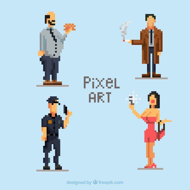 Set of pixelated characters with accessories