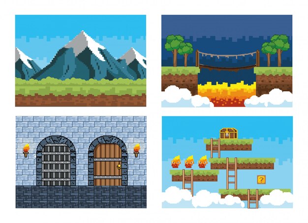 Set of pixelated videogame   scene