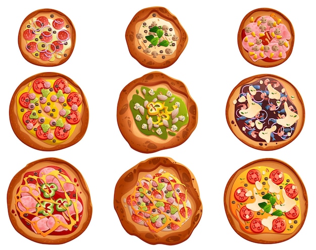 Set pizza con diverse farciture su base tonda