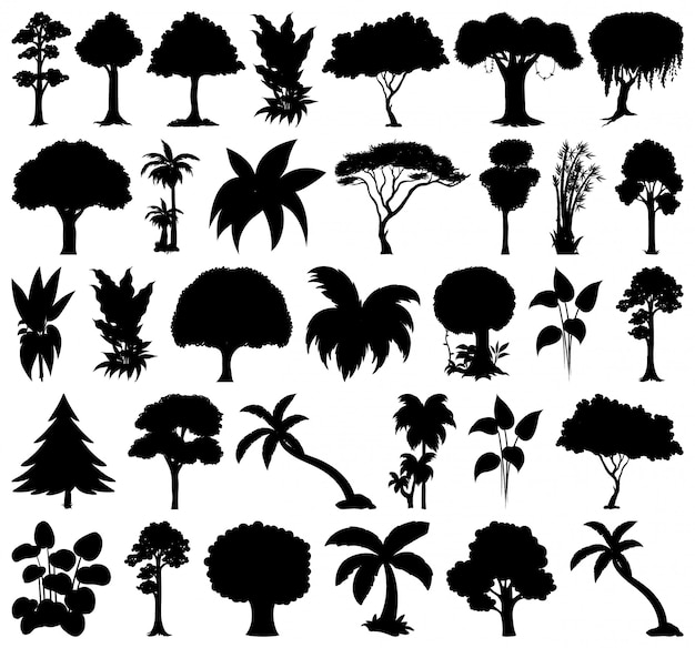 Vettore gratuito set di silhouette di piante e alberi