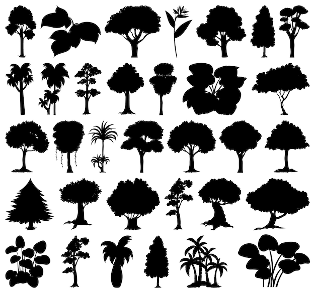 Vettore gratuito set di silhouette di piante e alberi