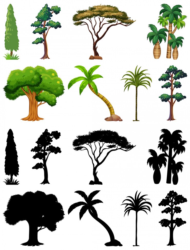 Free Vector set of plant and tree with its silhouette