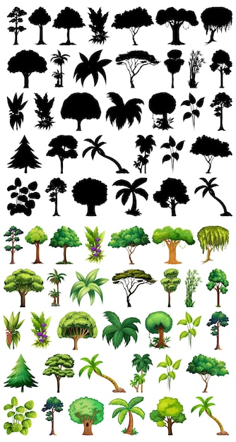 Free vector set of plant and tree with its silhouette