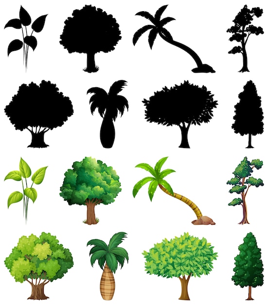 Vettore gratuito set di piante e alberi con la sua silhouette