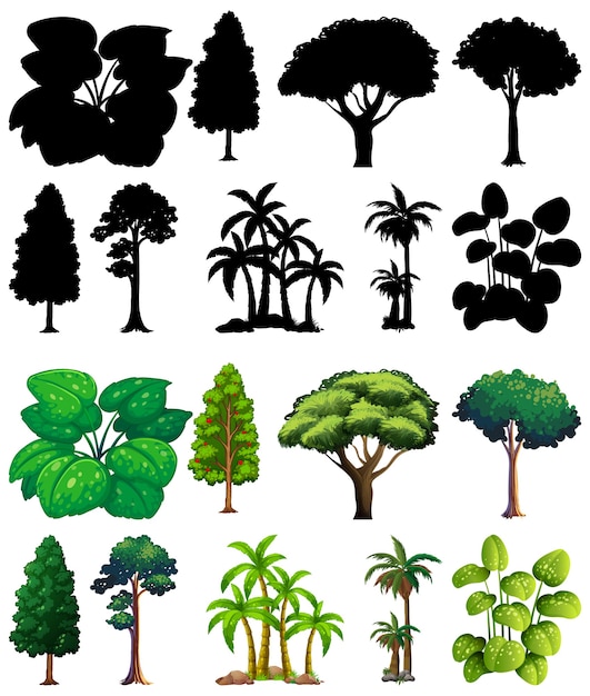 Free vector set of plant and tree with its silhouette