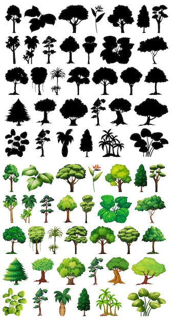 そのシルエットと植物と木のセット