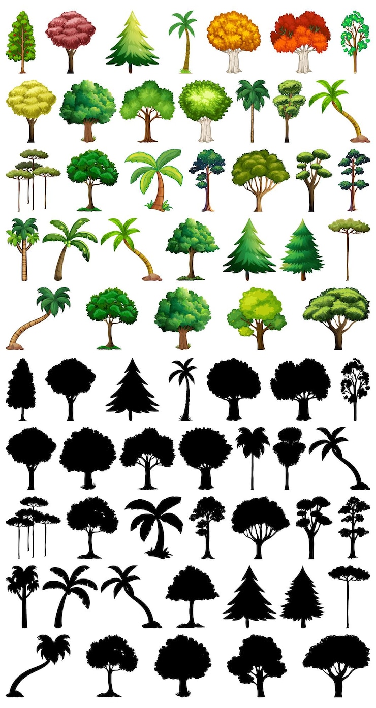 Free Vector set of plant and tree with its silhouette