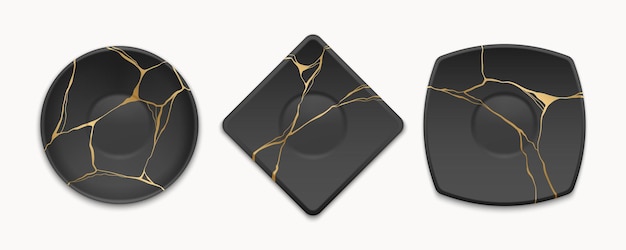 Set of plates with gold kintsugi cracks