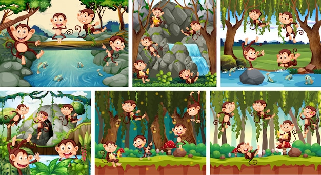 Free vector set of playful monkey in nature background