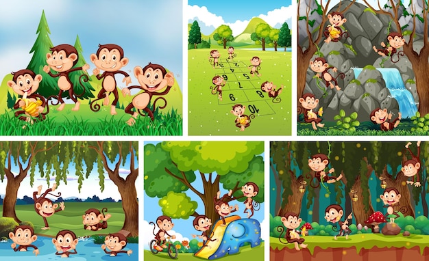 Free vector set of playful monkey in nature background