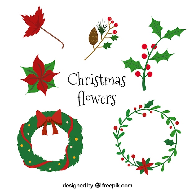 Free vector set of poinsettias and other christmas elements