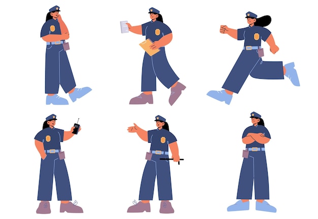 Free vector set of police woman officer female cop at work policewoman wear uniform issue a fine run use walkietalkie on duty girl city patrol constable fight with criminal linear flat vector illustration