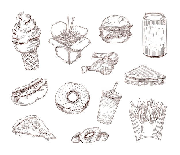 Set of popular American dishes hand drawn illustration