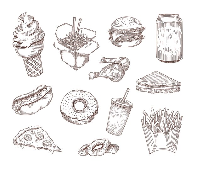 Set of popular American dishes hand drawn illustration