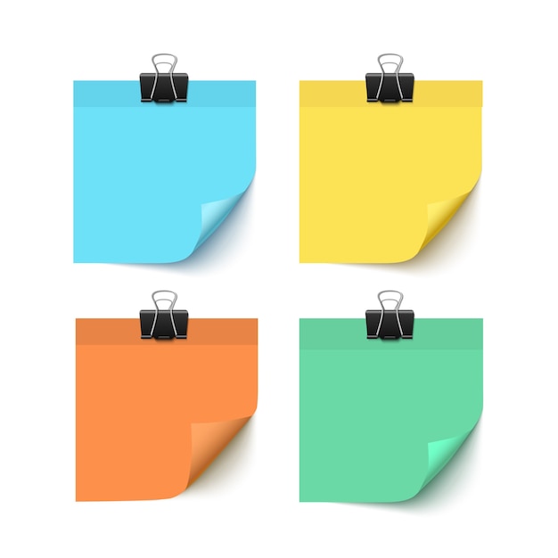 Set of post it notes isolated on white background realistic illustration. colorful post it paper pieces with paper clips. paper reminders with curl corners