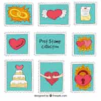 Vettore gratuito set di francobolli post con elementi disegnati a mano