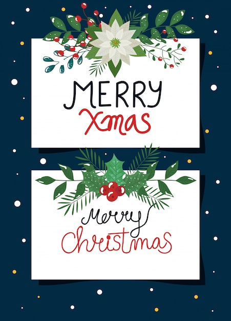 Free vector set of poster of merry christmas with flowers and leafs