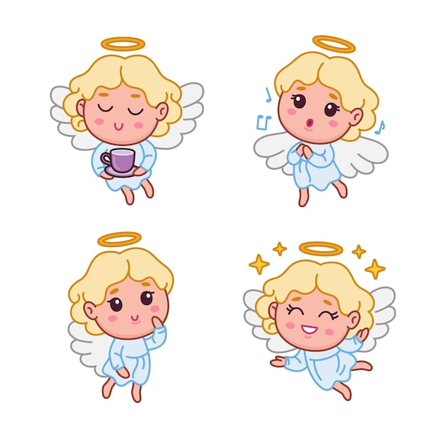 Free vector set of pretty little angel drinking tea, flying, smiling and singing song