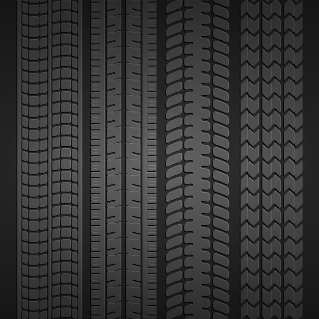 Set of prints from different types of tires on a dark gray background. Vector illustration