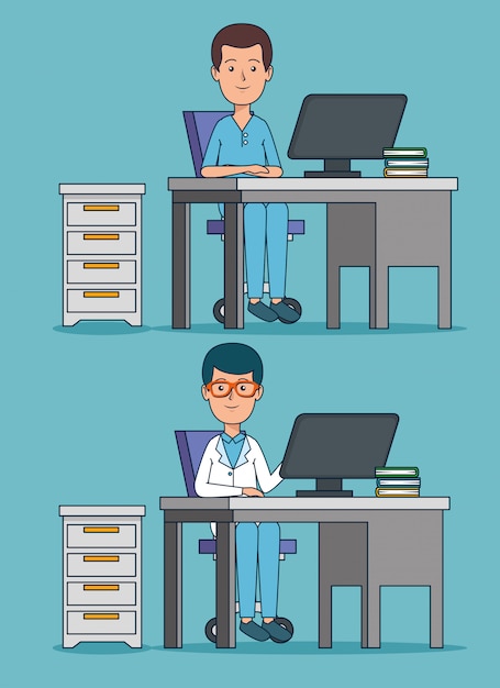 Бесплатное векторное изображение Установить профессиональный врач офис с компьютером на столе