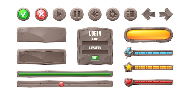 Free vector set progress bars, game buttons, menu ui or gui elements. cartoon interface of stone texture. user setting panel, slider, pause and arrows, power or life scale, login and password board, vector icons