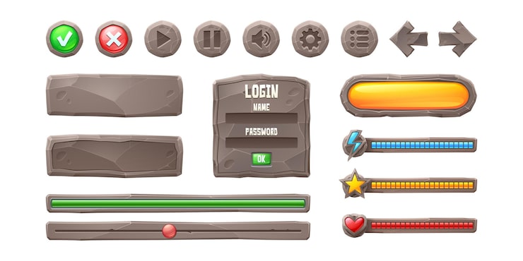 Free Vector set progress bars, game buttons, menu ui or gui elements. cartoon interface of stone texture. user setting panel, slider, pause and arrows, power or life scale, login and password board, vector icons