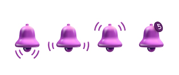 Set of purple notification bells isolated on white