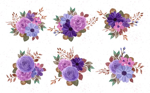 Набор фиолетовых акварельных цветочных букетов