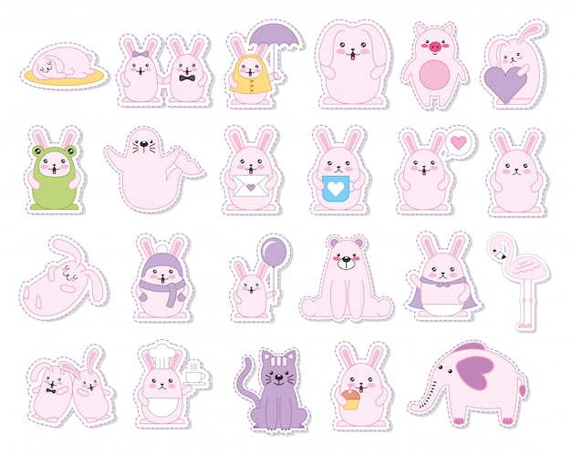 set of rabbits and animals kawaii characters