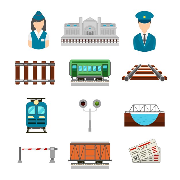  set of railroad icons in flat style. bridge and gate, ticket and railway station, driver and conductor, platform transportation 