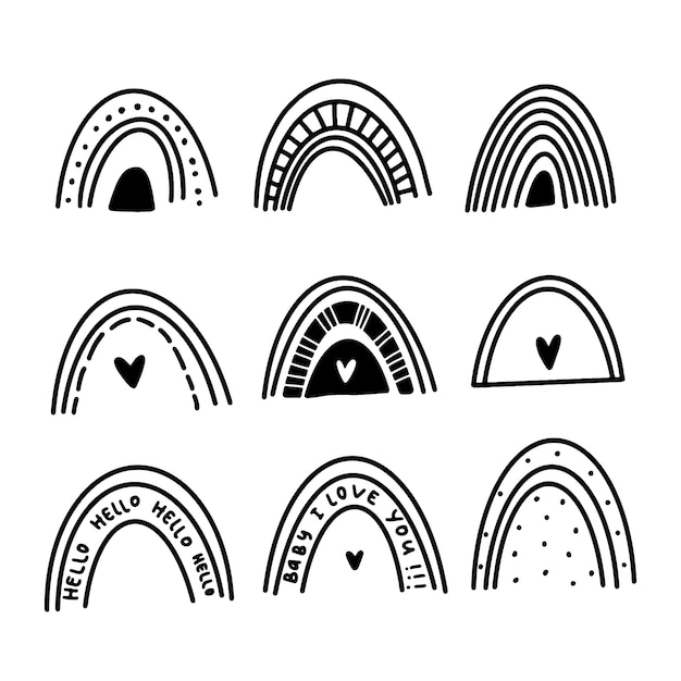 Free vector set of rainbows in doodle style