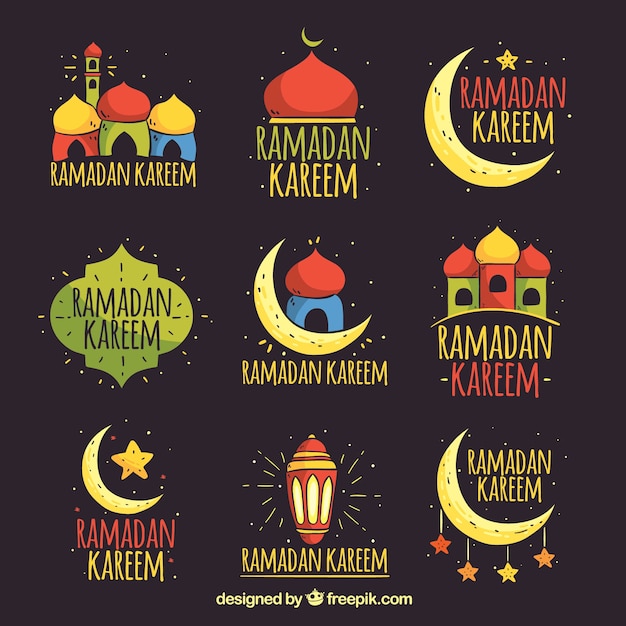 Set of ramadan badges with mosques and ornaments