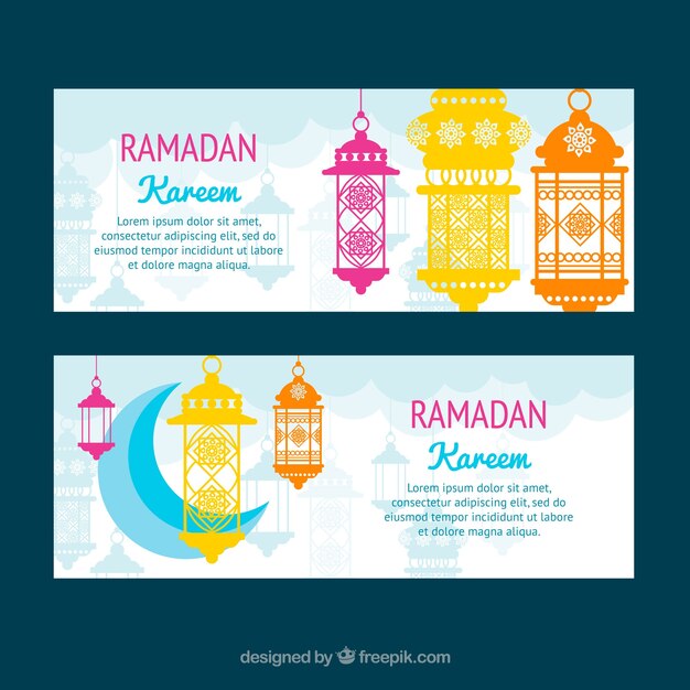 Set of ramadan banners with moon and lamps