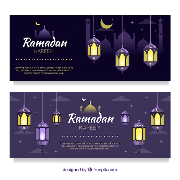 Набор рамаданских баннеров с силуэтом и лампами мечети