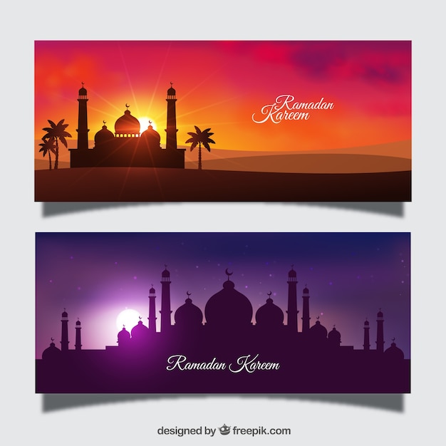 Free vector set of ramadan banners with mosque silhouette