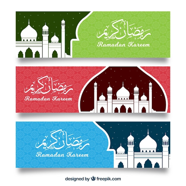 Set of ramadan banners with mosques in flat style