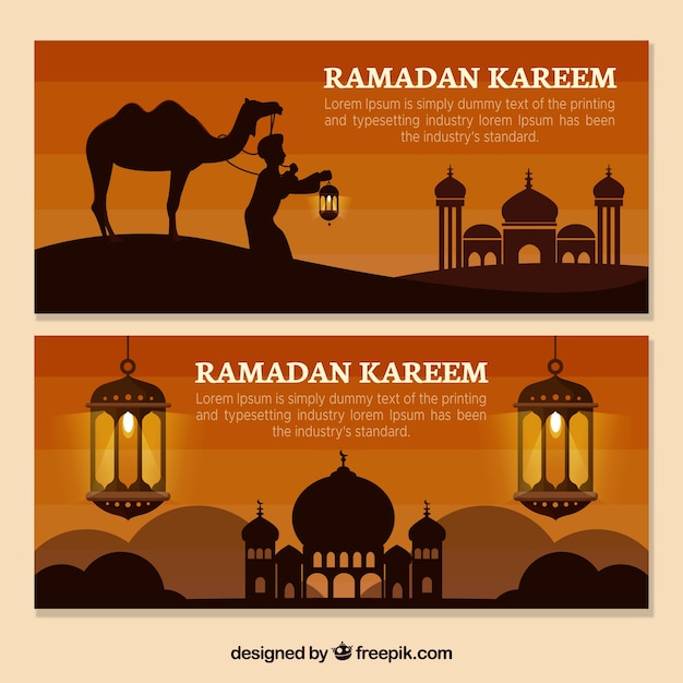 Set of ramadan banners with mosques in flat style