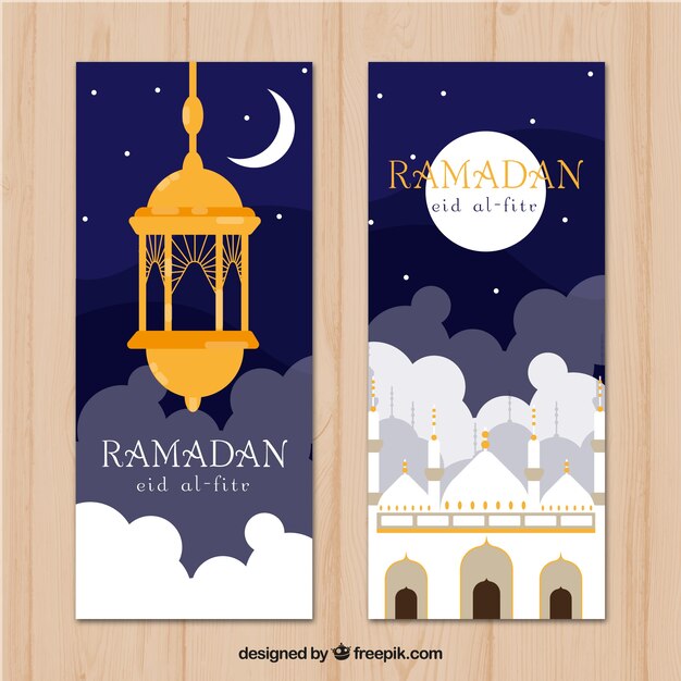Set of ramadan banners with mosques in flat style