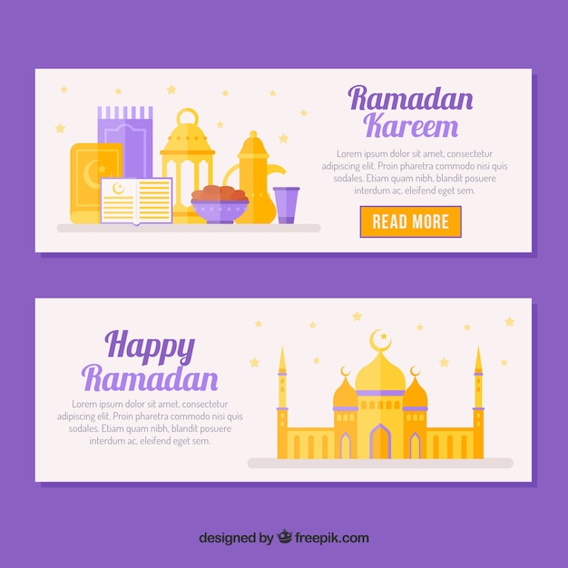 Free vector set of ramadan banners with mosques in flat style