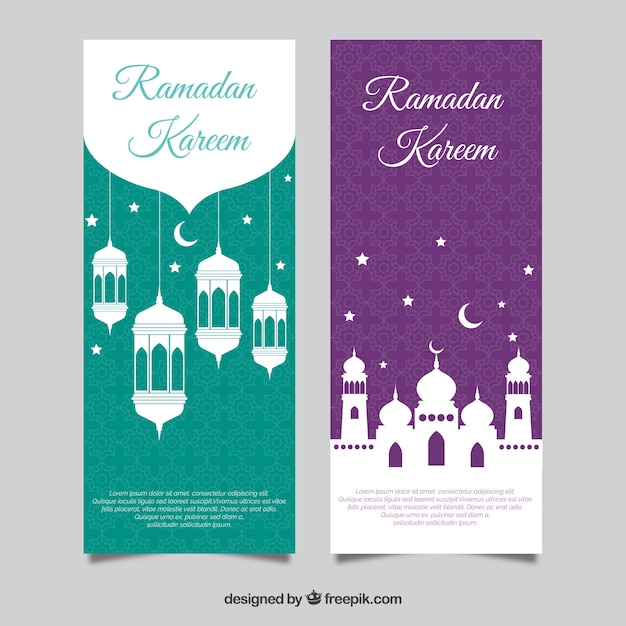 Set di banner in ramadan con moschee e lampade in stile piatto