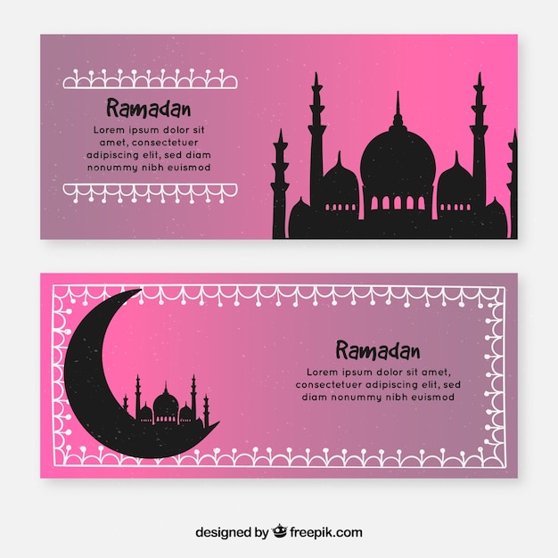 Free vector set of ramadan banners with mosques and moon