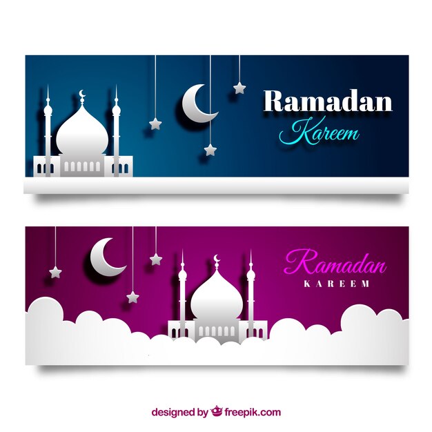 Set of ramadan banners with mosques in paper texture 