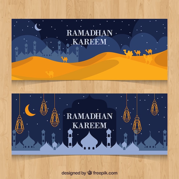 Set of ramadan banners with mosques silhouettes