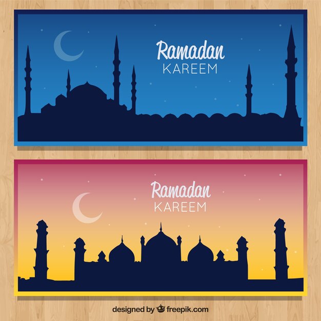 Free Vector set of ramadan banners with mosques silhouettes