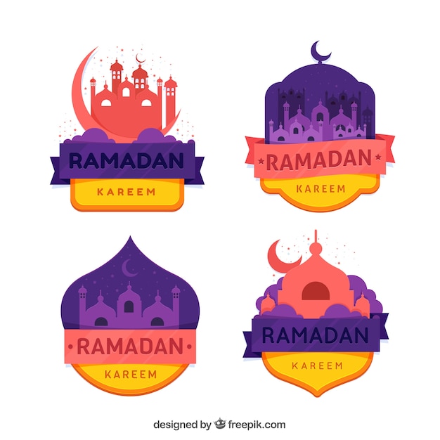 Free vector set of ramadan labels with mosques in flat style