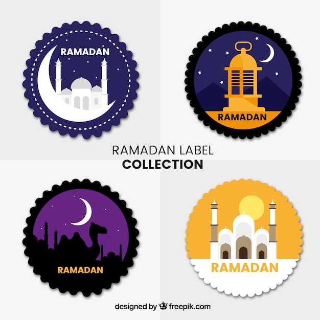 Free vector set of ramadan labels with muslim elements