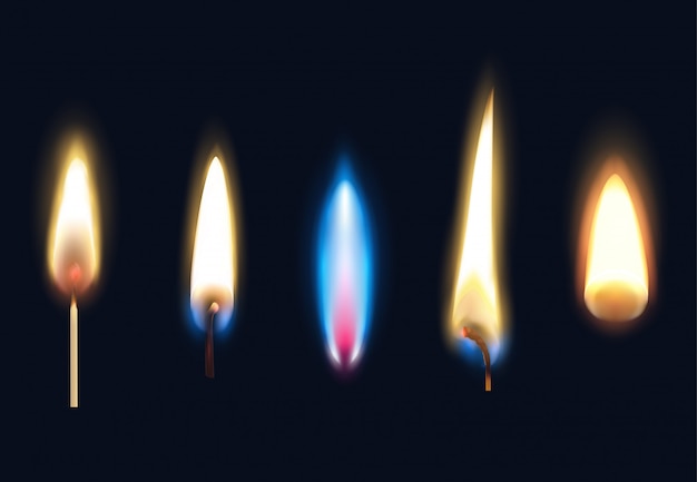 Free vector set of realistic burning flames of matches candles and lighter isolated illustration