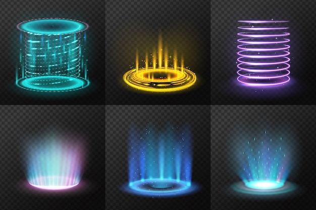 Set of realistic colorful magic portals with light streams  isolated  illustration