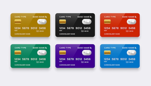 Set of realistic credit cards in siz colors