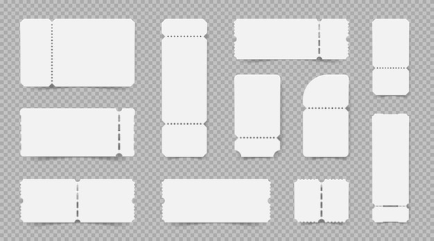 다양한 모양과 스텁 벡터 일러스트레이션을 사용하여 투명한 배경에 있는 현실적인 빈 티켓 모형 세트